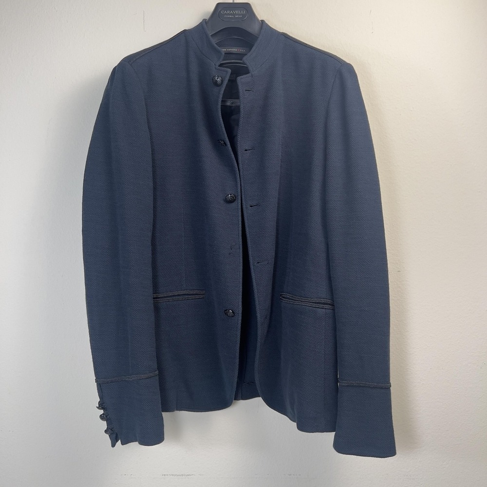 John Varvatos Sport Coat Mens 38 Black Tweed Band Collar Piped Trim Military - Picture 2 of 12